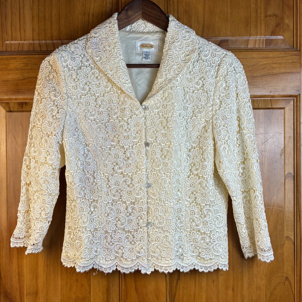 Talbots Womens Sz 4 Cream Floral Guipure Lace Button Up Blazer Jacket Bridal